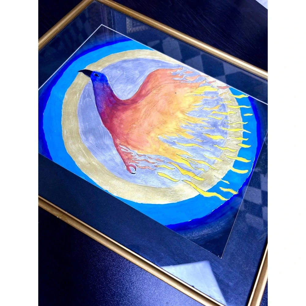 Original Framed Phoenix Bird Painting Celestial Outsider‎ Folk Art 15